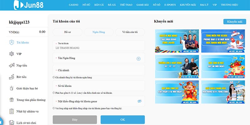 Bạn cần liên kết ngân hàng trước khi nạp tiền Jun88